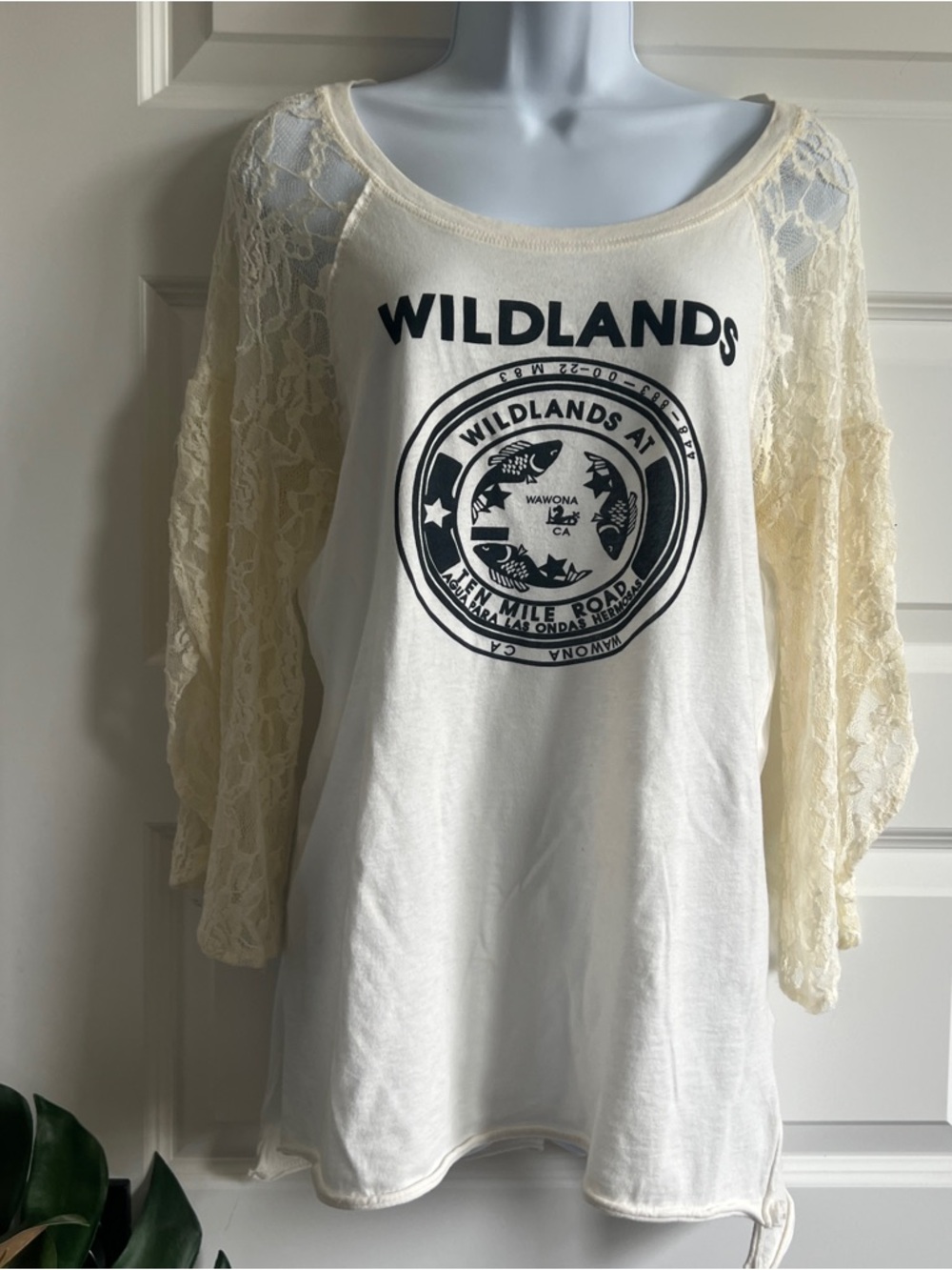 WE THE FREE Free People Wildlands Graphic Lace Bell Sleeve Oversized Size Small - Picture 4 of 11